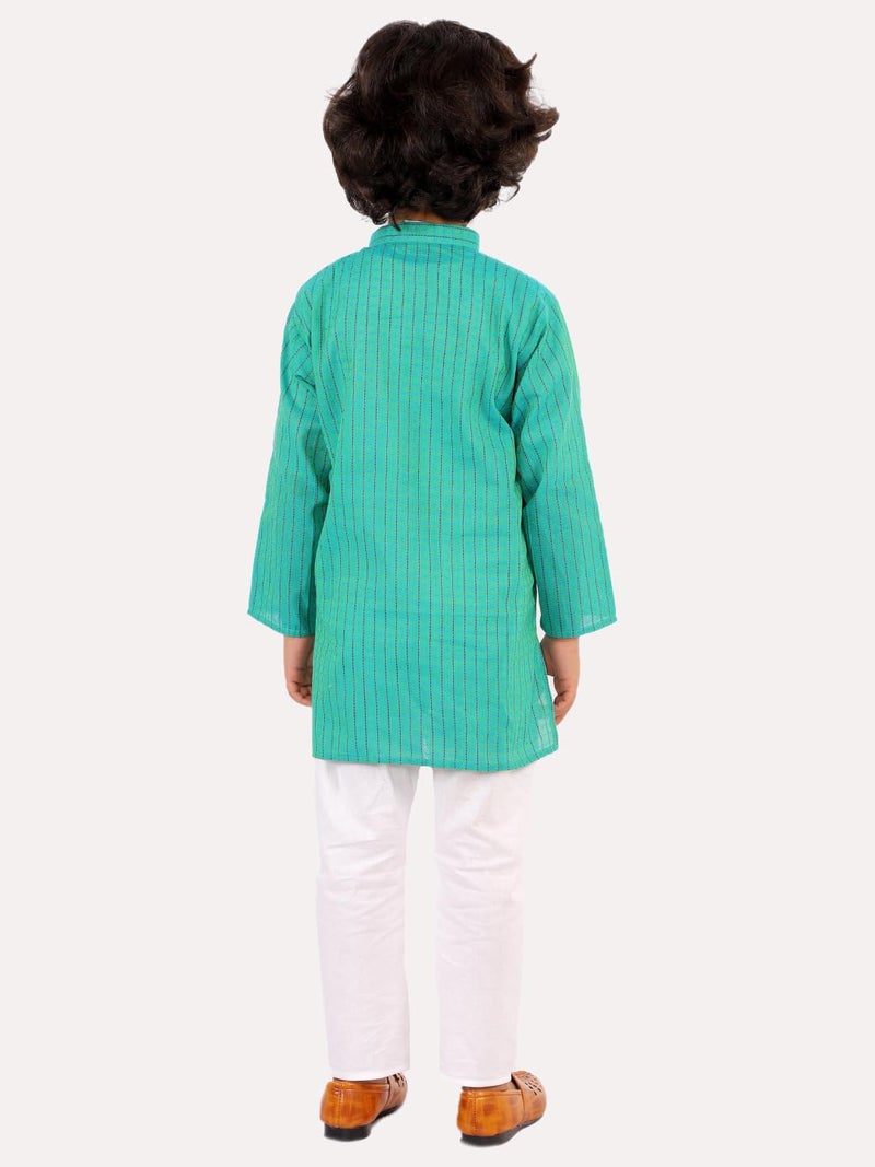superminis Baby Boys Ethnic Wear Cotton Handloom Kurta Dress With Contrast Color Thread Work And White Pyjama Set (Green, 3-6 Months) - Image 3