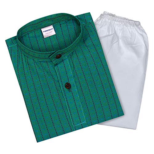 superminis Baby Boys Ethnic Wear Cotton Handloom Kurta Dress With Contrast Color Thread Work And White Pyjama Set (Green, 3-6 Months) - Image 1