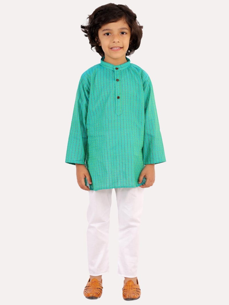 superminis Baby Boys Ethnic Wear Cotton Handloom Kurta Dress With Contrast Color Thread Work And White Pyjama Set (Green, 3-6 Months) - Image 2