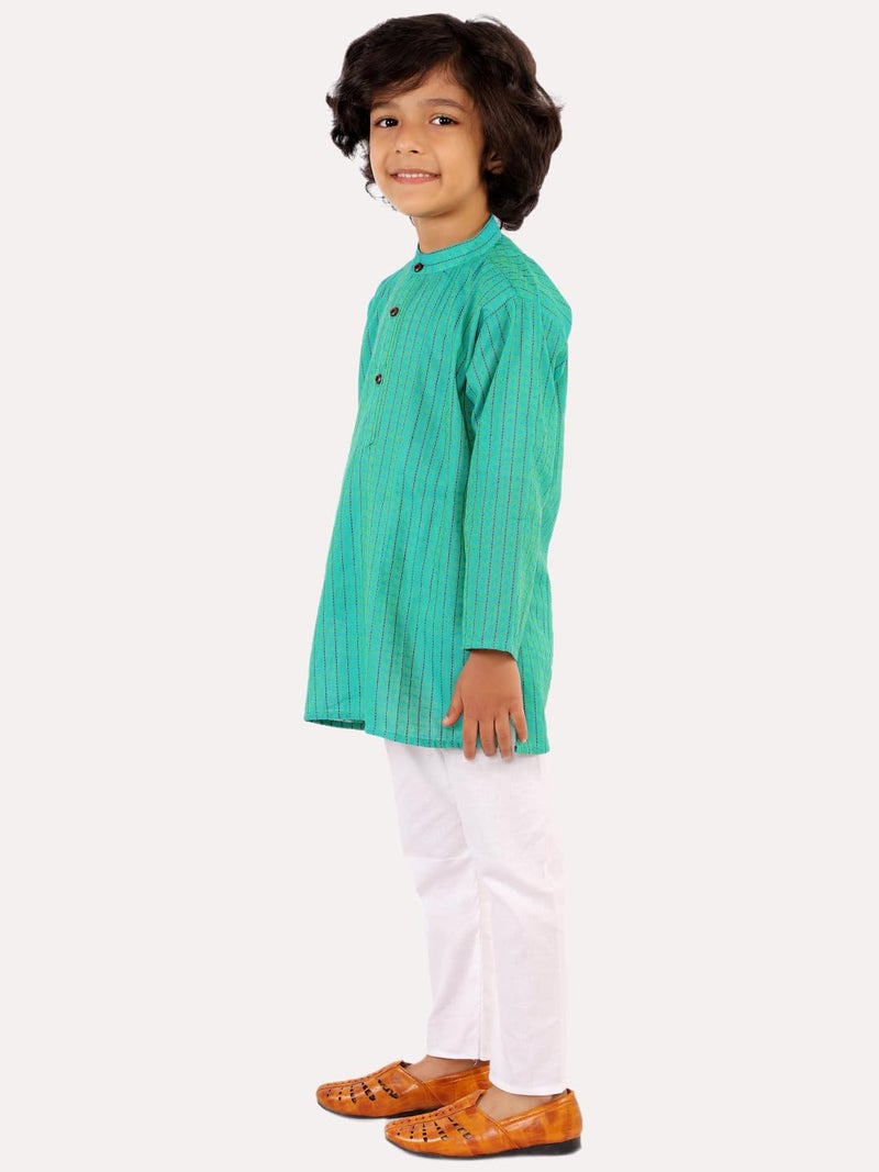 superminis Baby Boys Ethnic Wear Cotton Handloom Kurta Dress With Contrast Color Thread Work And White Pyjama Set (Green, 3-6 Months) - Image 4
