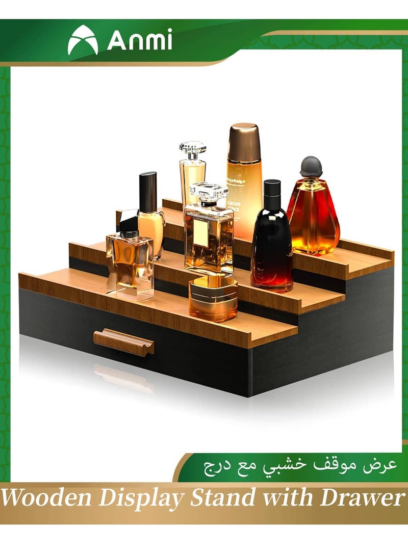 Anmi 3-Tier Wooden Cologne Organizer with Drawer, Perfume Display Stand for Men | Dresser Top Storage, Great Gift for Him in Black Walnut - Image 1
