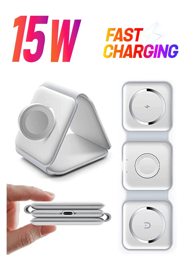 Digi Core شاحن لاسلكي 3 في 1 قابل للطي للهاتف المحمول ساعة ذكية رفيعة للغاية بقدرة 15 وات شاحن مغناطيسي QI سريع لهاتف Apple iPhone و Android أبيض - Image 1