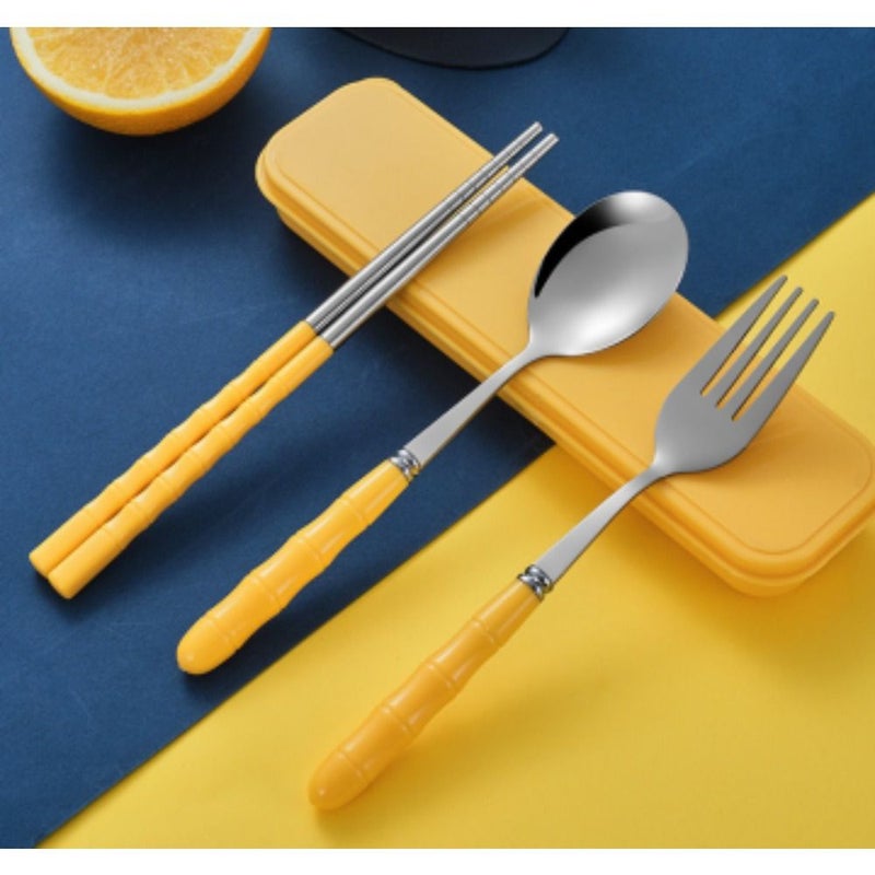 Yellow Portable Stainless Steel Cutlery Set Laser Engraved Fork Spoon Chopsticks For Home Work Restaurant Travel Outdoor Student - Image 5