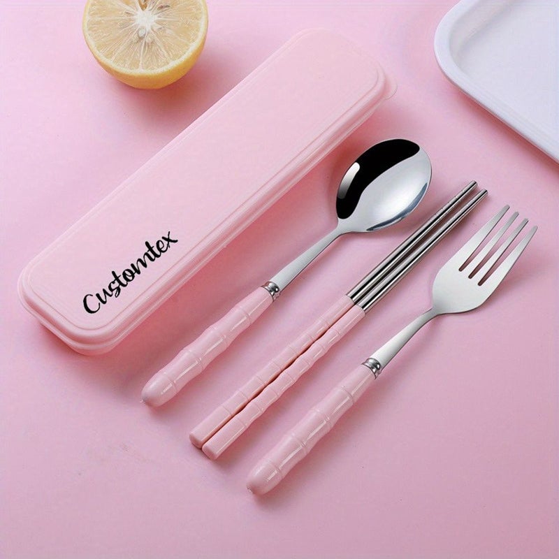 Yellow Portable Stainless Steel Cutlery Set Laser Engraved Fork Spoon Chopsticks For Home Work Restaurant Travel Outdoor Student - Image 1