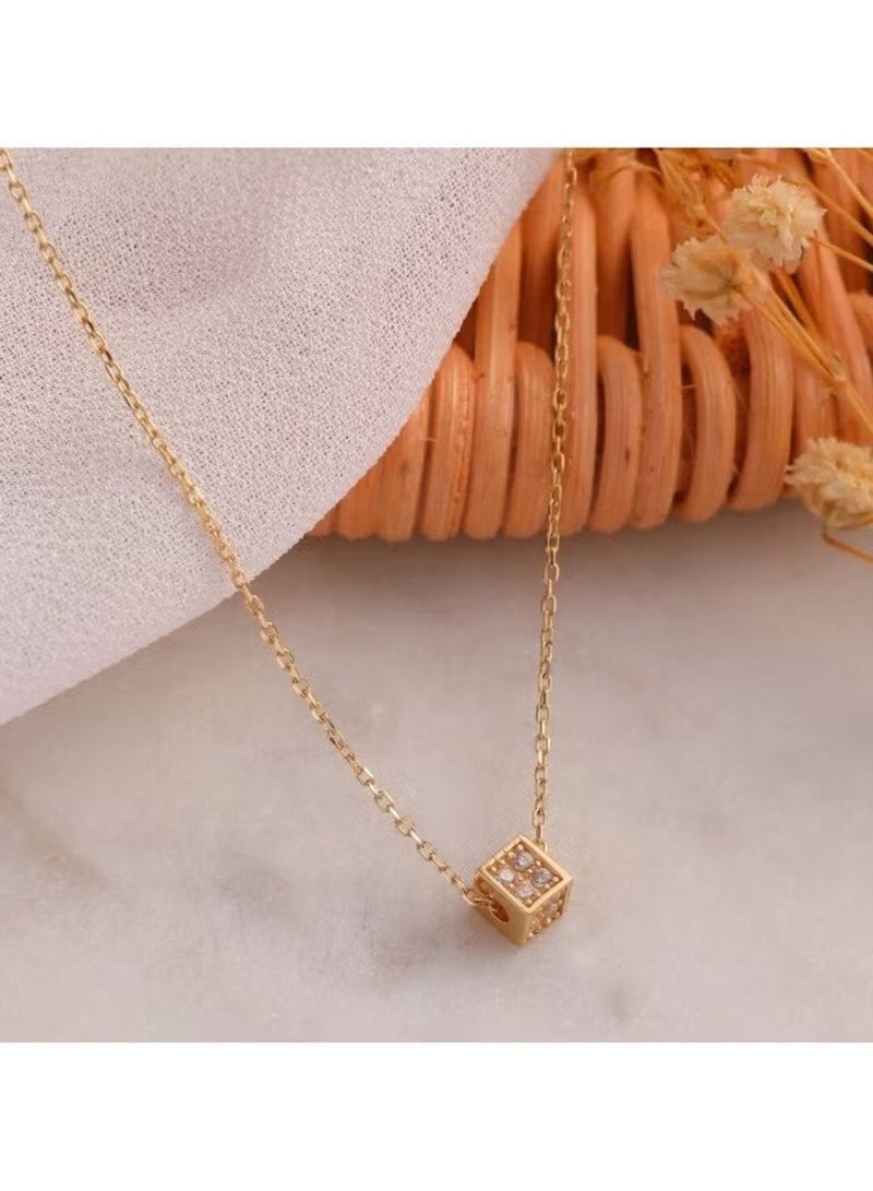Huitich Gold Cube Pendant Necklace with Rhinestone – Minimalist Geometric Charm - Image 3