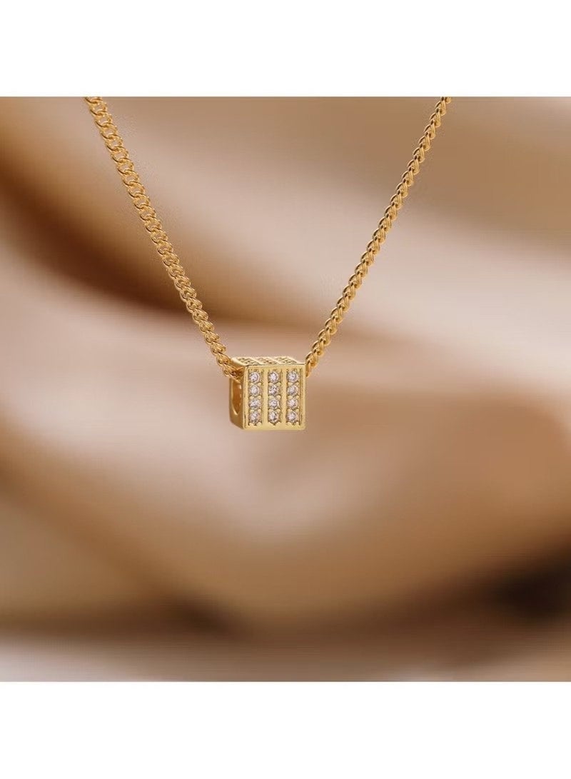 Huitich Gold Cube Pendant Necklace with Rhinestone – Minimalist Geometric Charm - Image 4