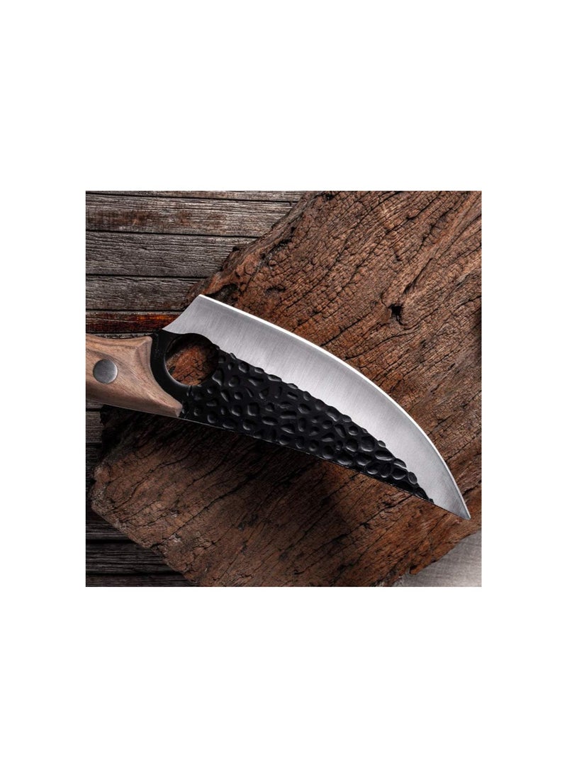 Generic - Stainless Steel Boning Knife Japanese Butcher Knife Meat Cleaver with Wooden Handle and Leather Sheath for Gifts, Used in Camping, Home and BBQ, Brown - Image 1