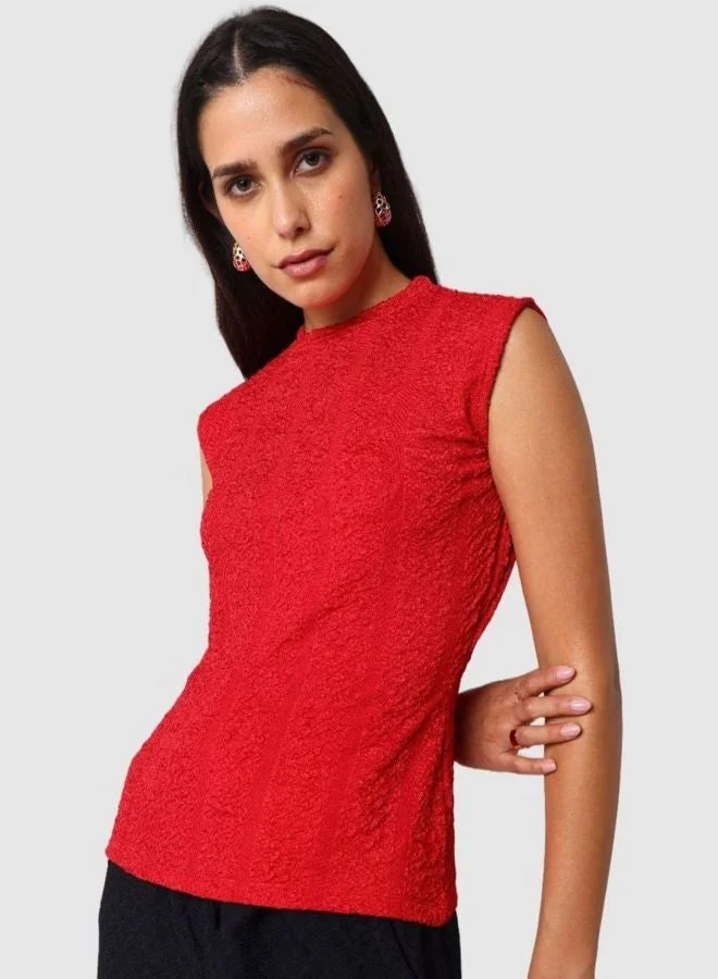 Women Regular Fit Textured High Neck Sleeveless Regular Top