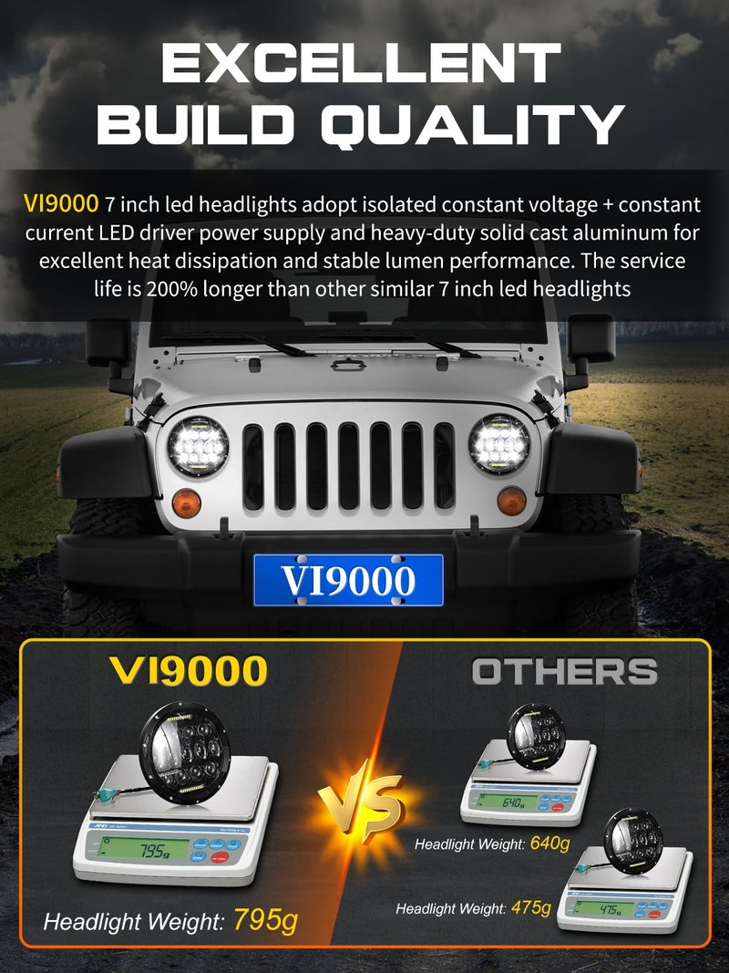 VI9000 7 Inch Led Headlight Round H6024 Led Headlight DOT Approved Hi/Lo Beam DRL Black Headlights Compatible With Jeep Wrangler JK JKU TJ LJ CJ Compatible With Chevy,Ford and Mazda Miata etc - Image 5