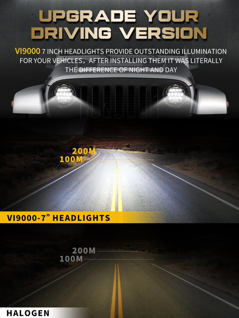 VI9000 7 Inch Led Headlight Round H6024 Led Headlight DOT Approved Hi/Lo Beam DRL Black Headlights Compatible With Jeep Wrangler JK JKU TJ LJ CJ Compatible With Chevy,Ford and Mazda Miata etc - Image 3