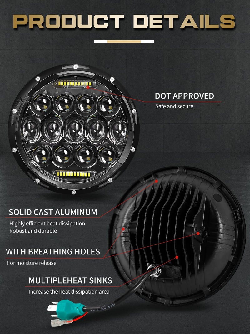 VI9000 7 Inch Led Headlight Round H6024 Led Headlight DOT Approved Hi/Lo Beam DRL Black Headlights Compatible With Jeep Wrangler JK JKU TJ LJ CJ Compatible With Chevy,Ford and Mazda Miata etc - Image 4
