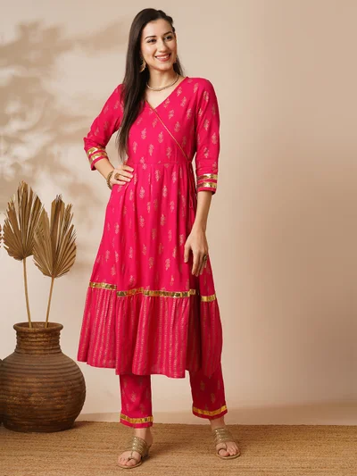 globus Women Pink V-Neck Floral Printed Gotta Lace Angrakha Anarkali Kurta With Pants