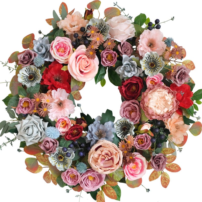 Egolot 22 Inches Spring Summer Everyday Flower Wreath for Front Door, Artificial Roses Peony Wild Flowers Wreath for Indoor Outdoor, Green Leaves Floral for Home Decor - Image 1