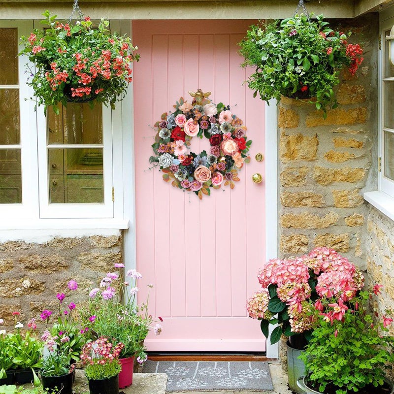 Egolot 22 Inches Spring Summer Everyday Flower Wreath for Front Door, Artificial Roses Peony Wild Flowers Wreath for Indoor Outdoor, Green Leaves Floral for Home Decor - Image 5