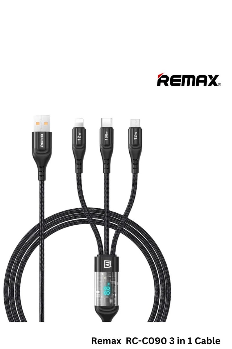 ريماكس كابل بيانات ريماكس RC-C090 سلسلة سوكسيين، 100 واط، متوافق مع جميع الأجهزة، 3 في 1، مع شاشة رقمية ذكية - Image 1