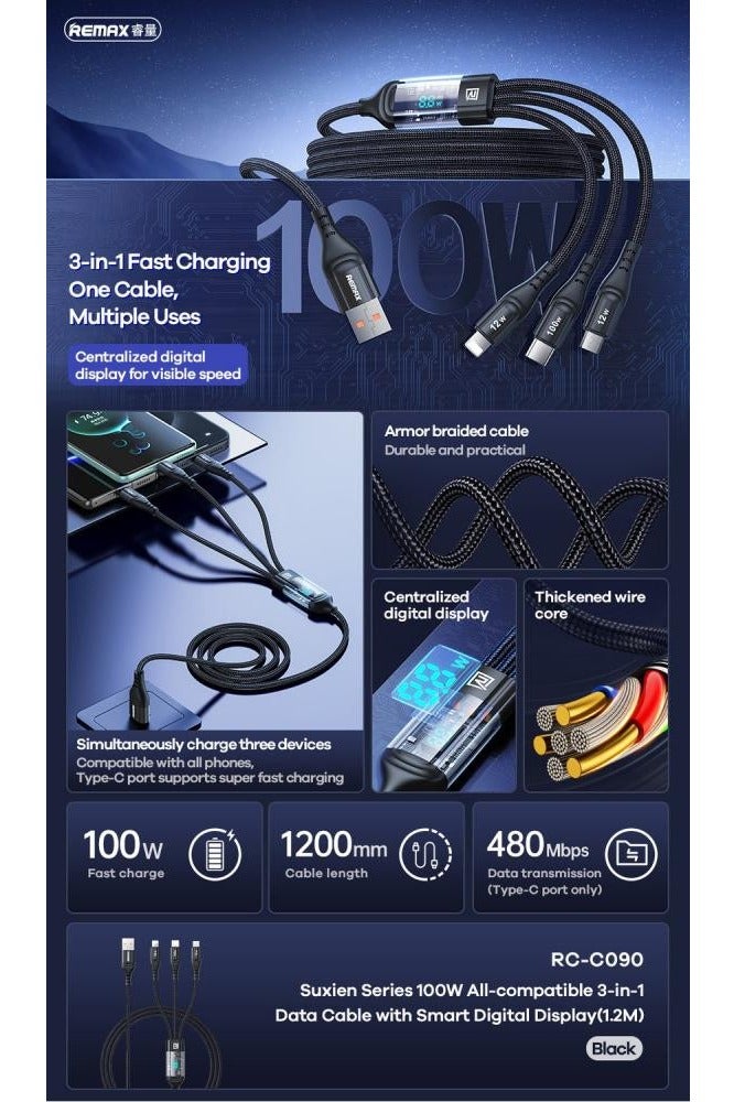 ريماكس كابل بيانات ريماكس RC-C090 سلسلة سوكسيين، 100 واط، متوافق مع جميع الأجهزة، 3 في 1، مع شاشة رقمية ذكية - Image 3