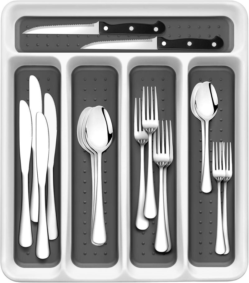 RayPard 24-Piece Silverware Set, Flatware Set Mirror Polished, Dishwasher Safe Service for 4, Include Fork/Spoon with 5-Compartment Non Slip Silverware Drawer Organizer Box Tray - Image 1