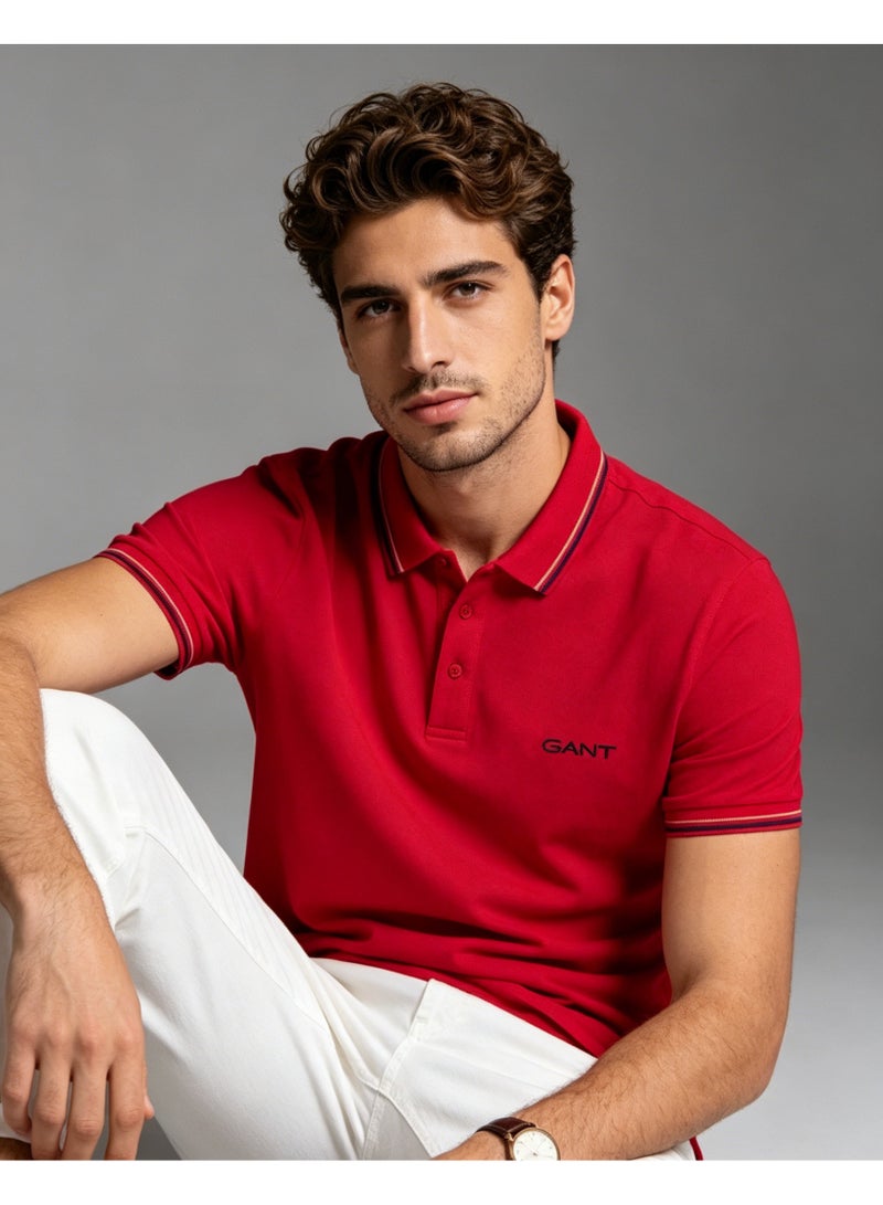 GANT Men's Short Sleeve Tipped Collar Polo Shirt, Casual Regular Fit, Red - Image 1