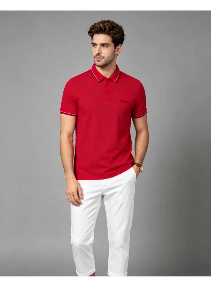 GANT Men's Short Sleeve Tipped Collar Polo Shirt, Casual Regular Fit, Red - Image 2