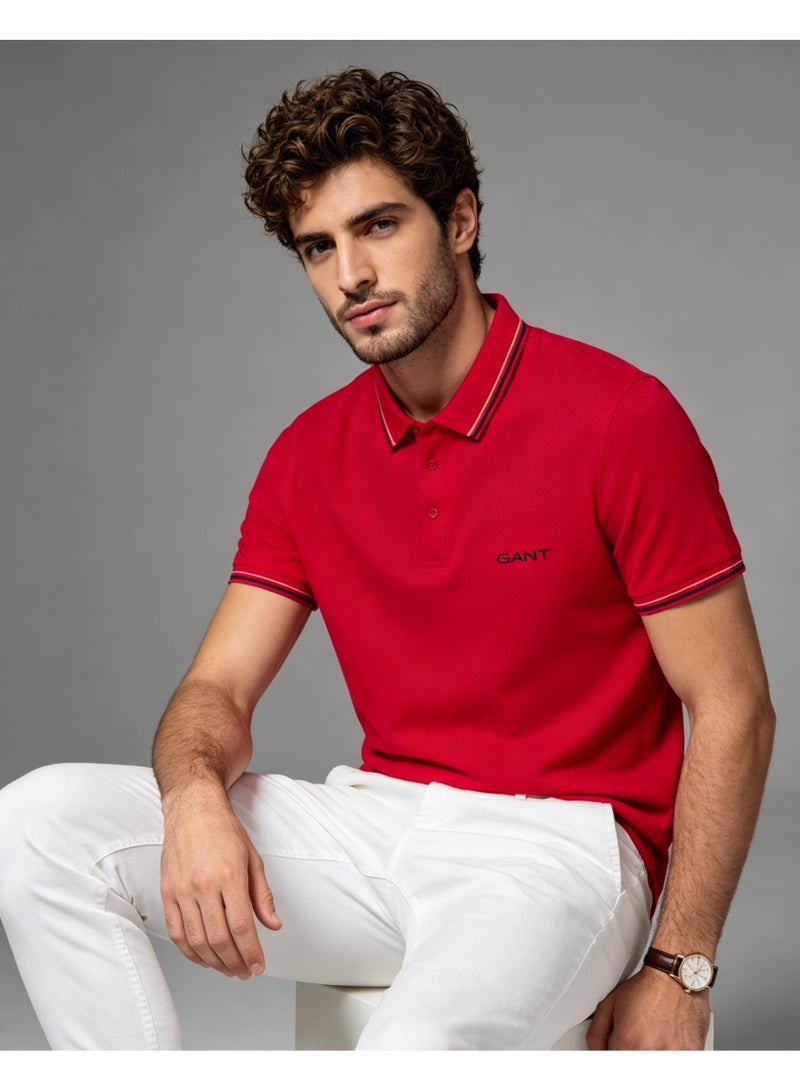 GANT Men's Short Sleeve Tipped Collar Polo Shirt, Casual Regular Fit, Red - Image 3