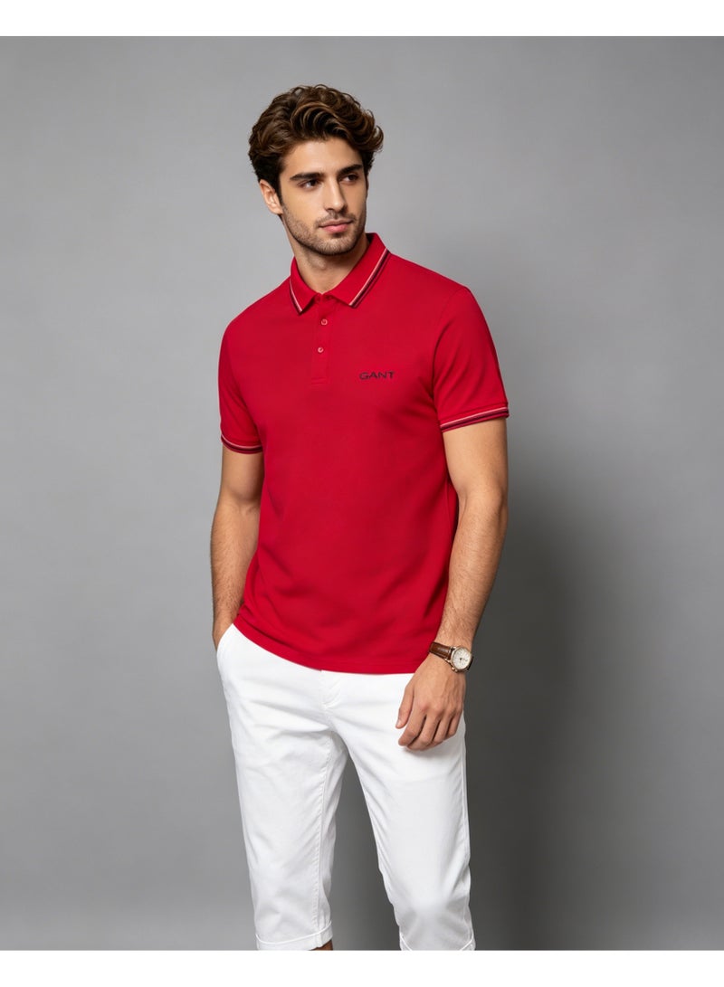 GANT Men's Short Sleeve Tipped Collar Polo Shirt, Casual Regular Fit, Red - Image 4