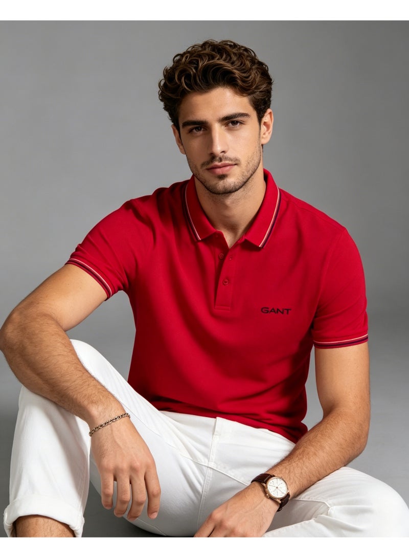 GANT Men's Short Sleeve Tipped Collar Polo Shirt, Casual Regular Fit, Red - Image 5
