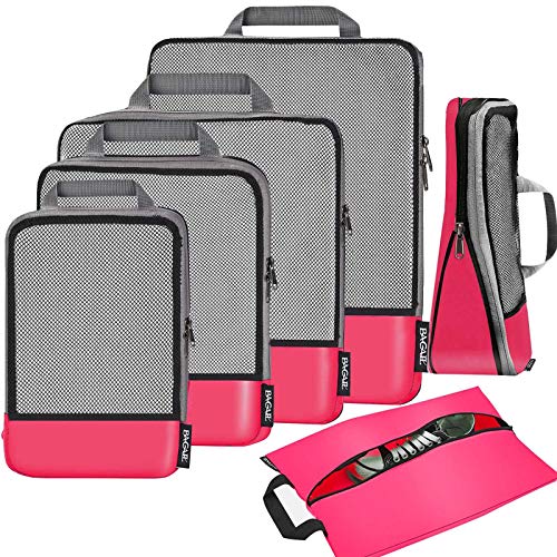 BAGAIL 4 Set/6 Set/8 Set Compression Packing Cubes Travel Accessories Expandable Packing Organizers (Half Mesh, 6-Fuchsia) - Image 1