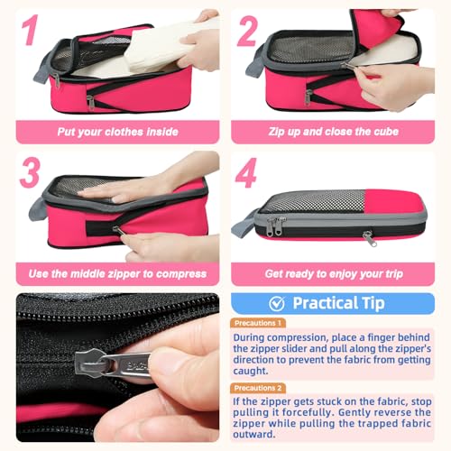 BAGAIL 4 Set/6 Set/8 Set Compression Packing Cubes Travel Accessories Expandable Packing Organizers (Half Mesh, 6-Fuchsia) - Image 4