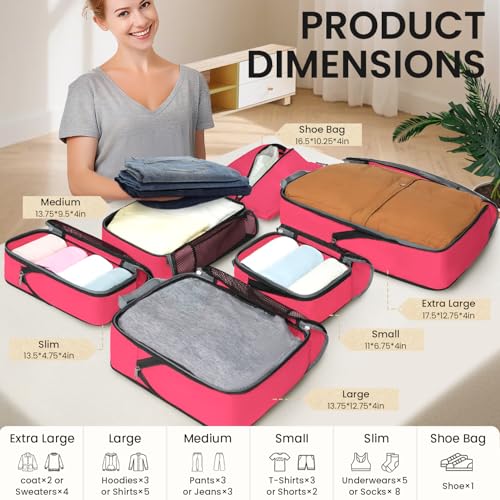 BAGAIL 4 Set/6 Set/8 Set Compression Packing Cubes Travel Accessories Expandable Packing Organizers (Half Mesh, 6-Fuchsia) - Image 2