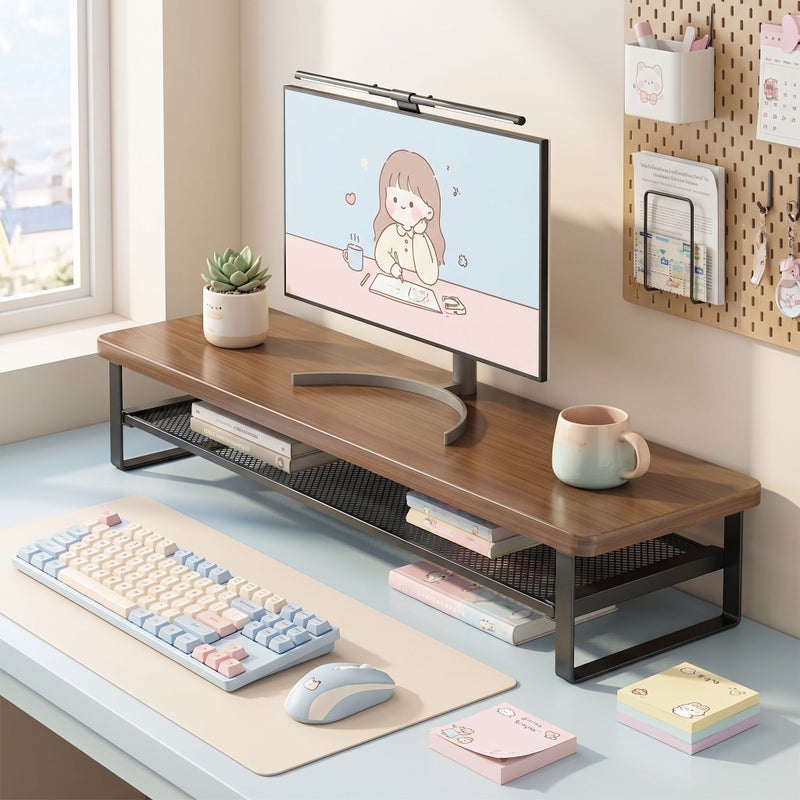 27.56 Inch Double Layer Monitor Stand Riser with Mesh Storage Shelf Wood Top Metal Frame for Office Home Gaming Laptop PC - Image 1