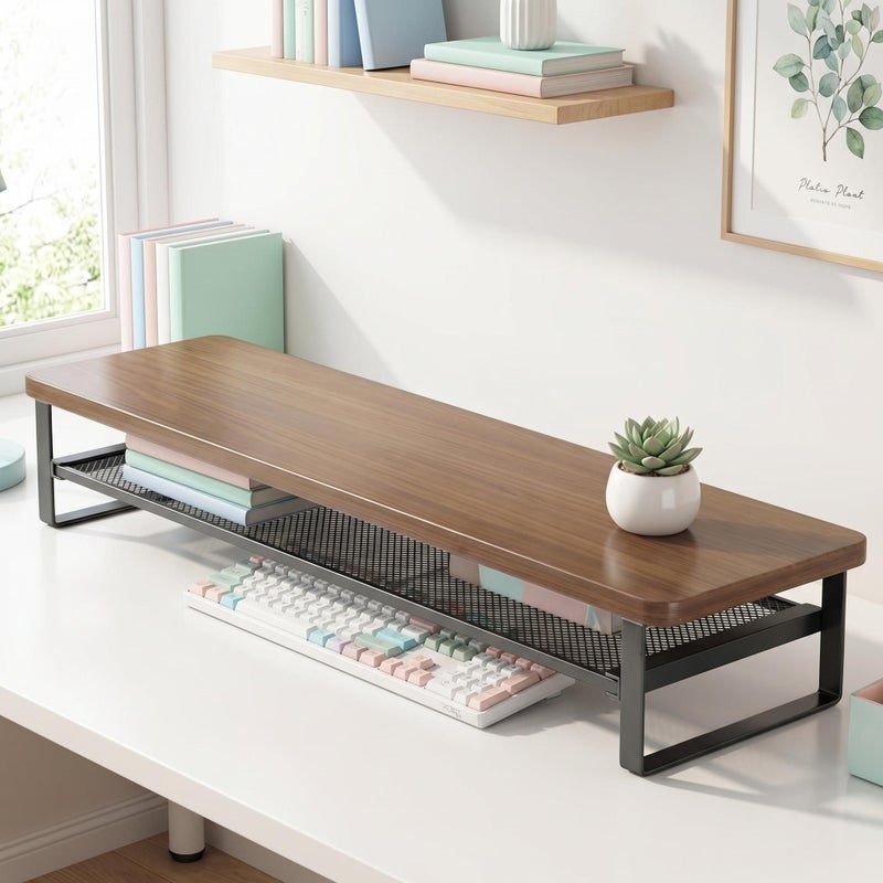 27.56 Inch Double Layer Monitor Stand Riser with Mesh Storage Shelf Wood Top Metal Frame for Office Home Gaming Laptop PC - Image 4