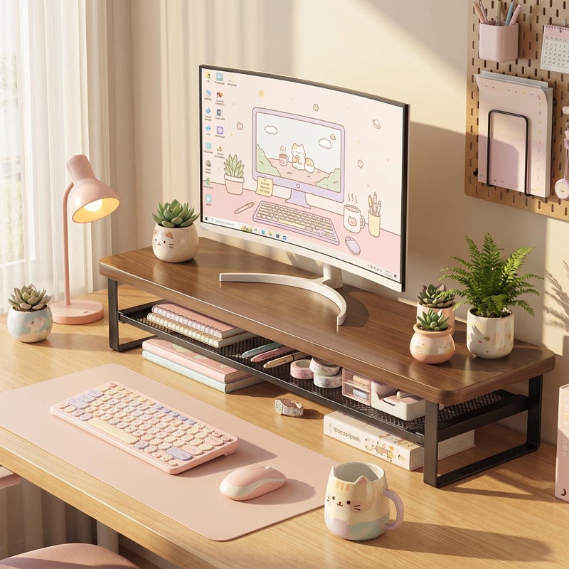27.56 Inch Double Layer Monitor Stand Riser with Mesh Storage Shelf Wood Top Metal Frame for Office Home Gaming Laptop PC - Image 5
