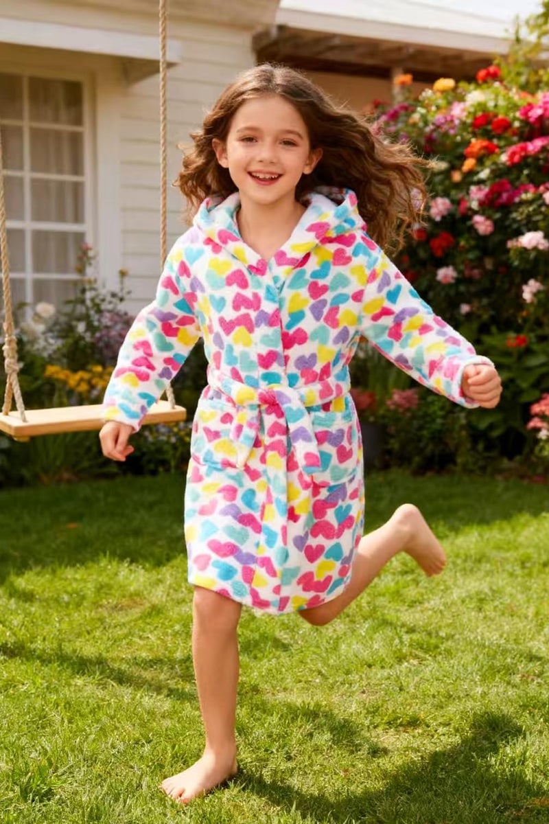 HDOBHIO Girls Fleece Hooded Robe Warm Sleepwear for Toddler Kids Soft Fuzzy Bathrobe Gifts Colorful Love 2-3 Years - Image 5