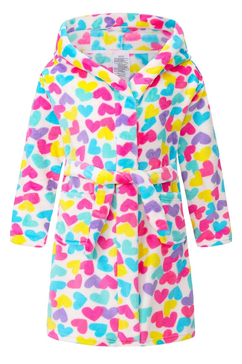 HDOBHIO Girls Fleece Hooded Robe Warm Sleepwear for Toddler Kids Soft Fuzzy Bathrobe Gifts Colorful Love 2-3 Years - Image 1