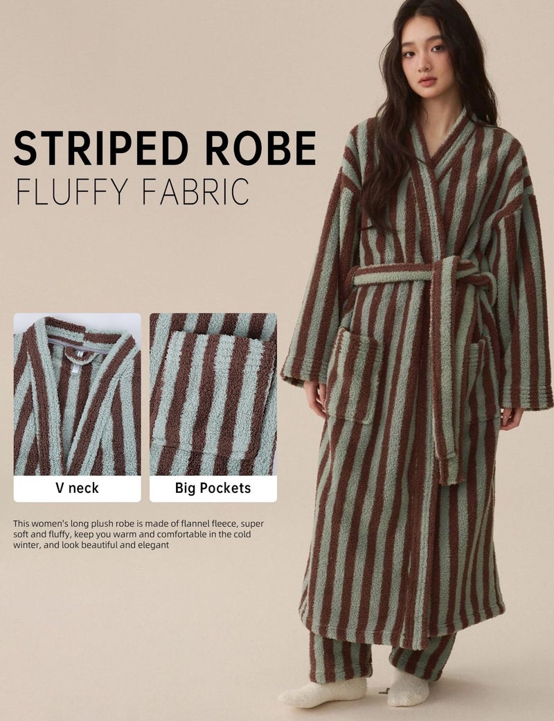 Gihuo Womens Striped Robe Fluffy Long Plush Bathrobes Fuzzy Warm Cozy Thick Oversized Loungewear Maxi Robe(Khaki-L) - Image 2