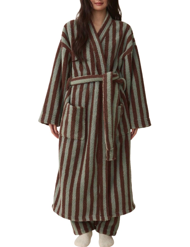 Gihuo Womens Striped Robe Fluffy Long Plush Bathrobes Fuzzy Warm Cozy Thick Oversized Loungewear Maxi Robe(Khaki-L) - Image 1