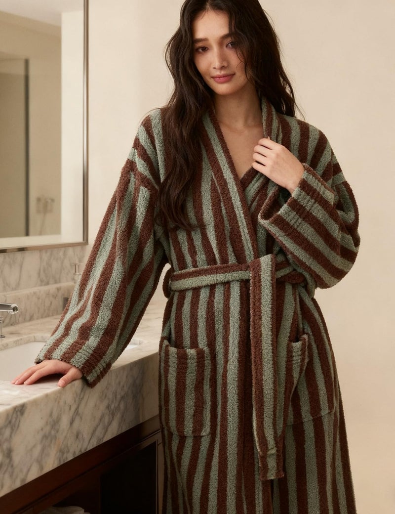 Gihuo Womens Striped Robe Fluffy Long Plush Bathrobes Fuzzy Warm Cozy Thick Oversized Loungewear Maxi Robe(Khaki-L) - Image 5