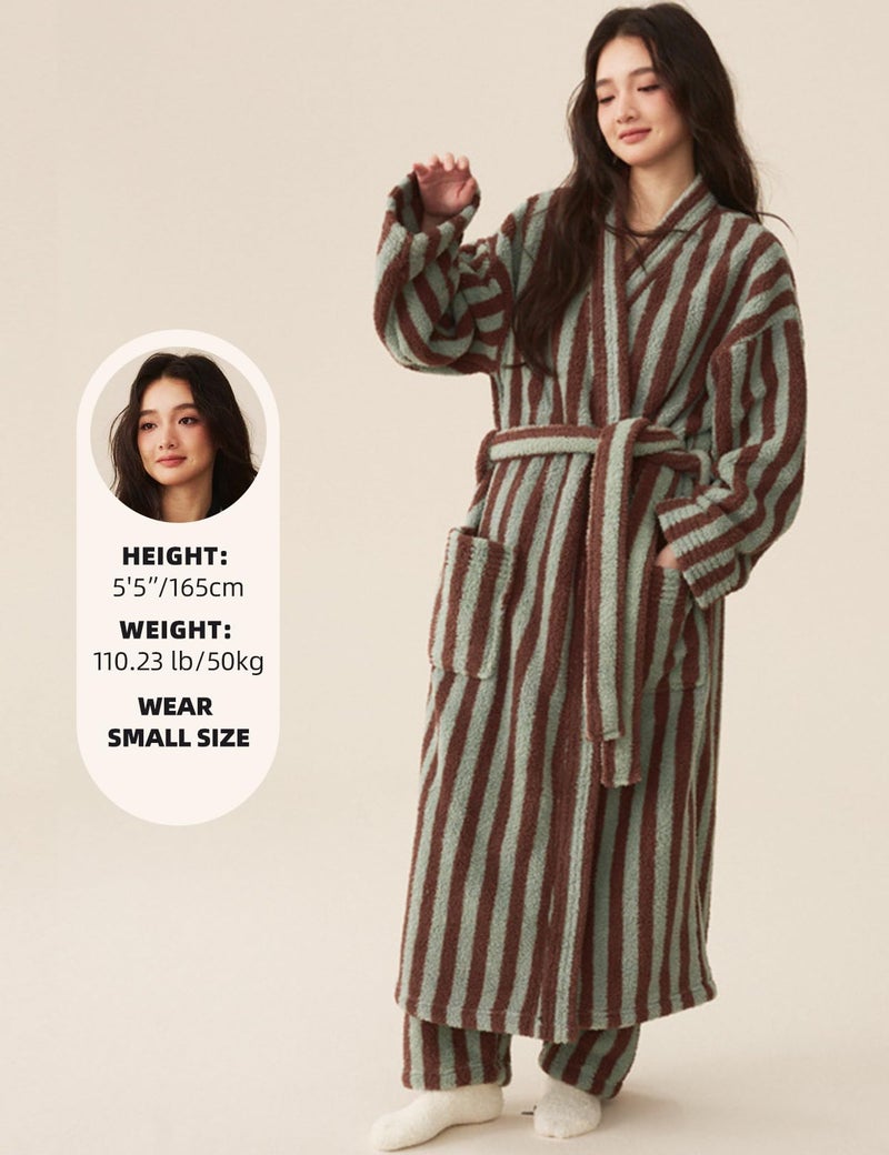 Gihuo Womens Striped Robe Fluffy Long Plush Bathrobes Fuzzy Warm Cozy Thick Oversized Loungewear Maxi Robe(Khaki-L) - Image 3