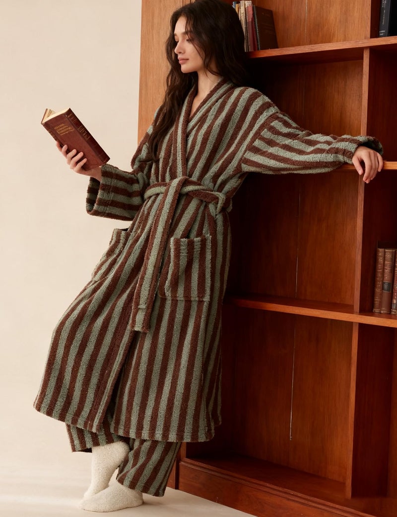Gihuo Womens Striped Robe Fluffy Long Plush Bathrobes Fuzzy Warm Cozy Thick Oversized Loungewear Maxi Robe(Khaki-L) - Image 4