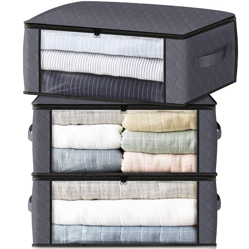 HomeHacks Storage 3Pack Clothes Organizer Storage Bags Foldable Storage Box with Large Clear Window Sturdy Handles for Closet Dorm Pillows Bedding Clothes Blankets 35L Gray