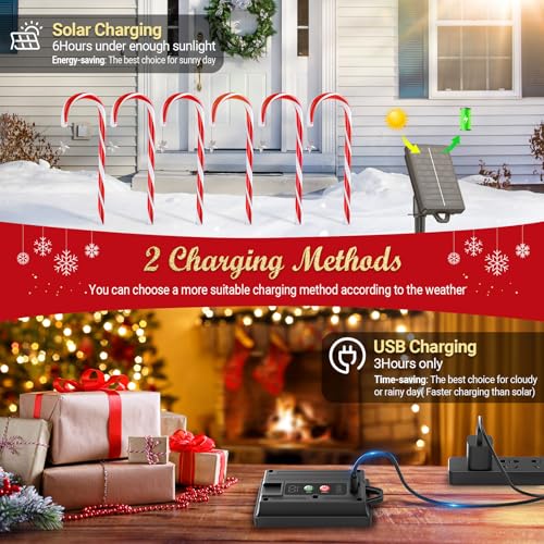 BUCASA 12 Pack Christmas Decorations Outdoor Solar Candy Cane Lights Solar Christmas Pathway Lights with USB Charge 10 Modes 72 LEDs Waterproof Outdoor Christmas Decorations for Garden Yard Pathway - Image 3
