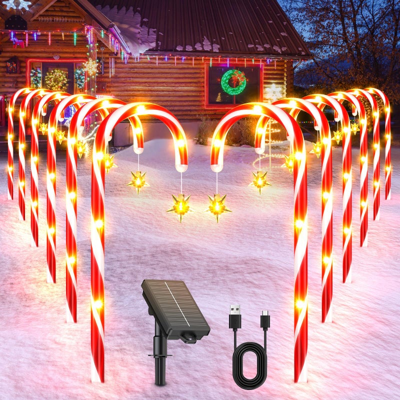 BUCASA 12 Pack Christmas Decorations Outdoor Solar Candy Cane Lights Solar Christmas Pathway Lights with USB Charge 10 Modes 72 LEDs Waterproof Outdoor Christmas Decorations for Garden Yard Pathway - Image 2