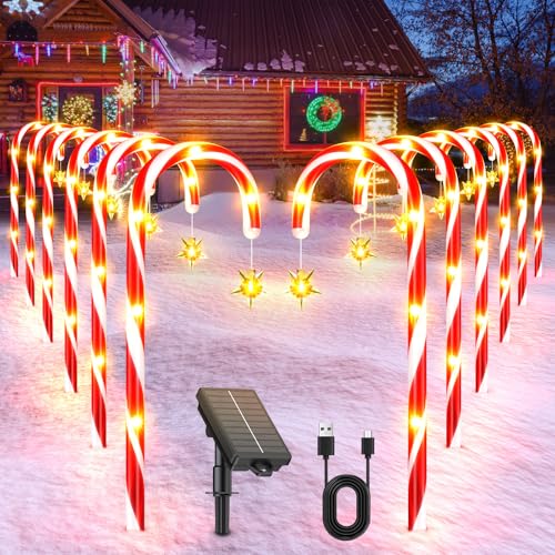 BUCASA 12 Pack Christmas Decorations Outdoor Solar Candy Cane Lights Solar Christmas Pathway Lights with USB Charge 10 Modes 72 LEDs Waterproof Outdoor Christmas Decorations for Garden Yard Pathway - Image 1
