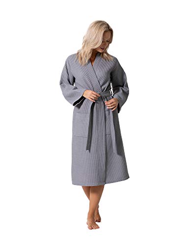 Turkish Linen Waffle Knit Lightweight Kimono Spa & Bath Robes for Women - Quick Dry - Soft (Gray, Large) - Image 4