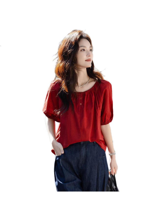 dme Elastic One-Shoulder Round Neck Two-Way Wear Summer Light Linen Cotton Blend Shirt Women'S Fashion Top - Image 1