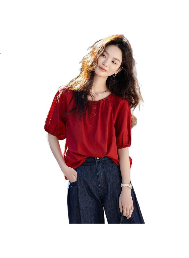 dme Elastic One-Shoulder Round Neck Two-Way Wear Summer Light Linen Cotton Blend Shirt Women'S Fashion Top - Image 2