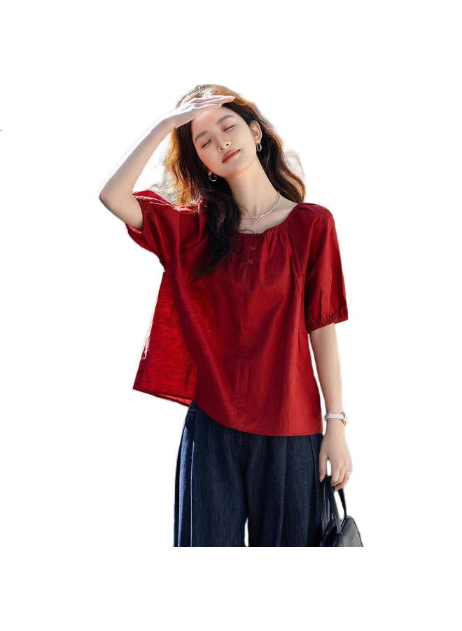 dme Elastic One-Shoulder Round Neck Two-Way Wear Summer Light Linen Cotton Blend Shirt Women'S Fashion Top - Image 3