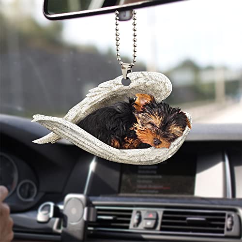 Talataca Yorkshire Terrier Yorkie Sleeping Angel Wing Pet Dog Farmhouse 2D Flat Car Rear View Mirror Accessories Christmas Tree Ornament Decoration Hanging Charm Interior Rearview Pendant Decor Gift - Image 1