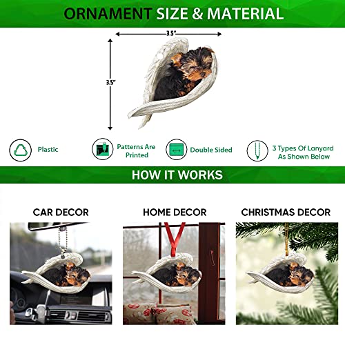 Talataca Yorkshire Terrier Yorkie Sleeping Angel Wing Pet Dog Farmhouse 2D Flat Car Rear View Mirror Accessories Christmas Tree Ornament Decoration Hanging Charm Interior Rearview Pendant Decor Gift - Image 2