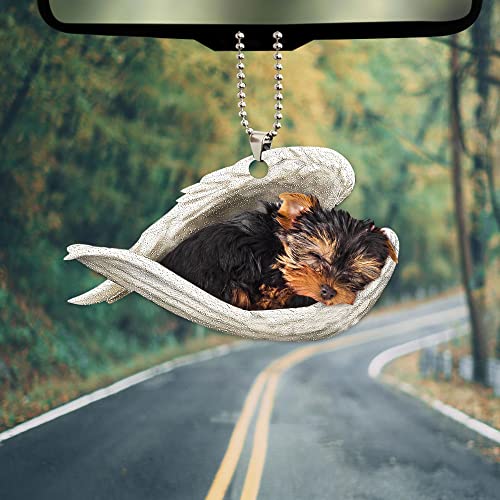 Talataca Yorkshire Terrier Yorkie Sleeping Angel Wing Pet Dog Farmhouse 2D Flat Car Rear View Mirror Accessories Christmas Tree Ornament Decoration Hanging Charm Interior Rearview Pendant Decor Gift - Image 3
